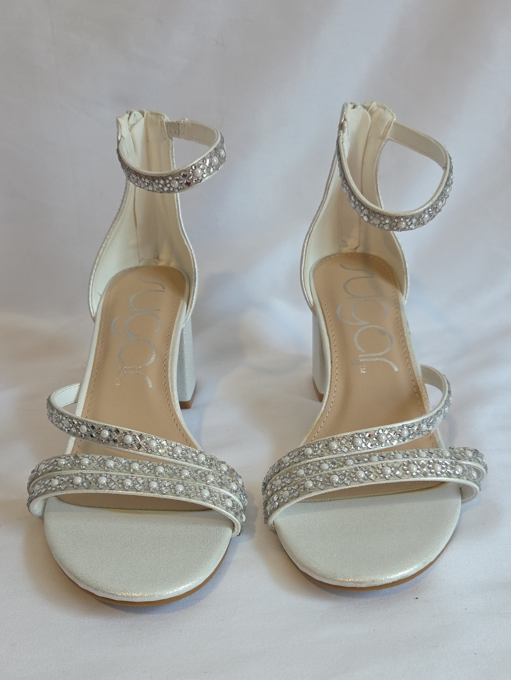 Sugar Silver Rhinestone Ankle-Strap Block Heels